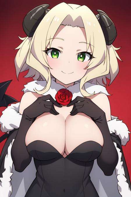 <lora:PecoraV1:0.8>pecora((best quality)), ((masterpiece)), (detailed)1girl, black_dress, black_footwear, blonde_hair, breasts, cape, cleavage, closed_mouth, coat, curled_horns, demon_girl, demon_horns, demon_tail, dress, full_body, fur-trimmed_boots, fur-trimmed_cape, fur-trimmed_dress, fur_trim, gloves, green_eyes, horns, looking_at_viewer, red_flower, red_rose, rose, short_hair, smile, solo, tail, transparent_background(interview:1.3)upper_body