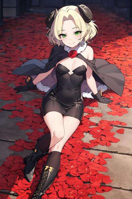 <lora:PecoraV1:0.77>pecora((best quality)), ((masterpiece)), (detailed)1girl, ankle_boots, black_footwear, blonde_hair, breasts, cape, coat, dress, flower, full_body, fur_trim, gloves, green_eyes, horns, red_rose, rose, short_hair, smile, solo, transparent_background