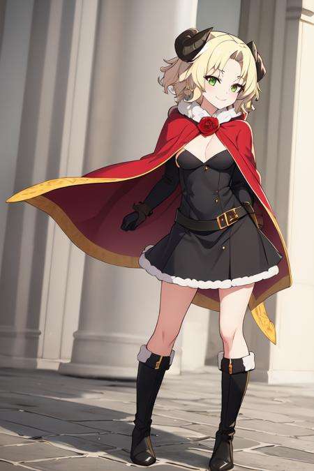 <lora:PecoraV1:0.77>pecora((best quality)), ((masterpiece)), (detailed)1girl, ankle_boots, black_footwear, blonde_hair, breasts, cape, coat, dress, flower, full_body, fur_trim, gloves, green_eyes, horns, red_rose, rose, short_hair, smile, solo, transparent_background