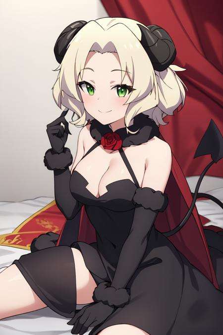 <lora:PecoraV1:0.8>pecora((best quality)), ((masterpiece)), (detailed)1girl, black_dress, black_footwear, blonde_hair, breasts, cape, cleavage, closed_mouth, coat, curled_horns, demon_girl, demon_horns, demon_tail, dress, full_body, fur-trimmed_boots, fur-trimmed_cape, fur-trimmed_dress, fur_trim, gloves, green_eyes, horns, looking_at_viewer, red_flower, red_rose, rose, short_hair, smile, solo, tail, transparent_background(interview:1.3)upper_body