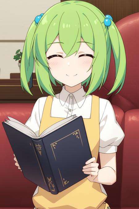 shalsha<lora:ShalshaV1:0.7>1girl, book, clipboard, closed_eyes, facing_viewer, green_hair, hair_bobbles, hair_ornament, holding, holding_book, kisume, menu, open_book, reading, short_hair, short_sleeves, smile, solo, twintails, upper_body