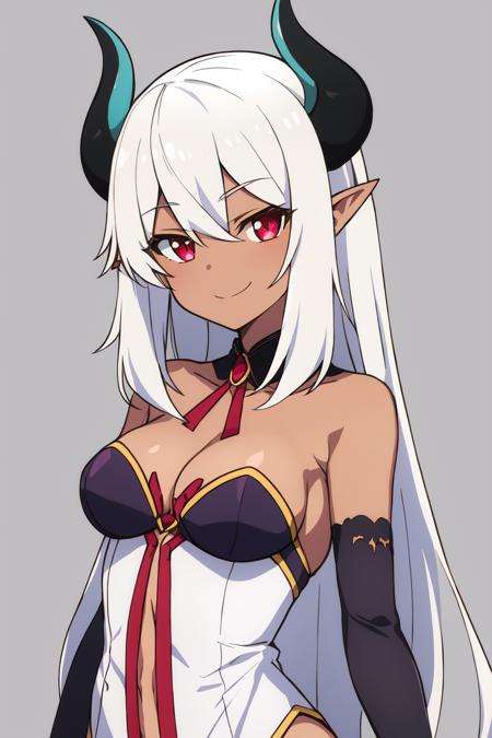 <lora:BeelzebubV1:0.70>beelzebub1girl, breasts, cleavage, closed_mouth, dark-skinned_female, dark_skin, demon_horns, detached_collar, hair_between_eyes, horns, long_hair, looking_at_viewer, medium_breasts, pointy_ears, simple_background, smile, solo, upper_body,