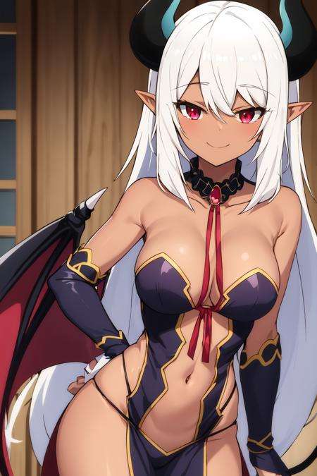 <lora:BeelzebubV1:0.70>beelzebub1girl, breasts, cleavage, closed_mouth, dark-skinned_female, dark_skin, demon_horns, detached_collar, hair_between_eyes, horns, long_hair, looking_at_viewer, medium_breasts, pointy_ears, smile, solo, upper_body,