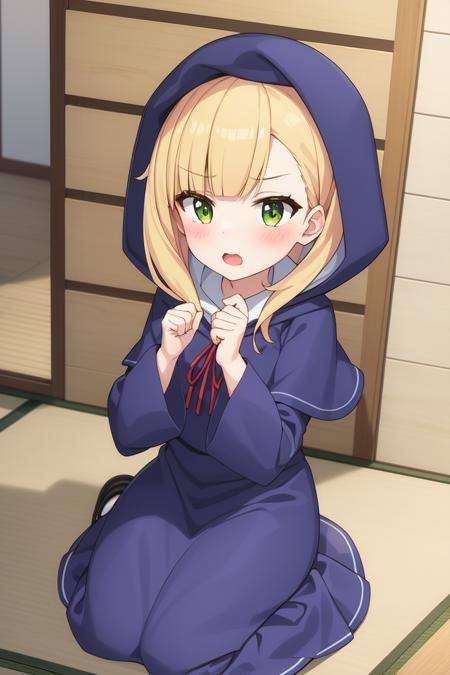 Rosalie<lora:RosalieV1:0.7>1girl, bangs, bench, blonde_hair, blue_capelet, blue_headwear, blush, dress, floor, green_eyes, hands_up, hat, hood, hood_down, indoors, long_sleeves, looking_at_viewer, on_floor, open_mouth, ribbon, solo, tatami, upper_body, wooden_floor, wooden_wall