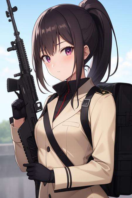 1girl, folded_ponytail, gloves, gun, military, military_uniform, rifle, sky, solo, upper_body, weaponlooking at viewer, masterpiece, best quality,