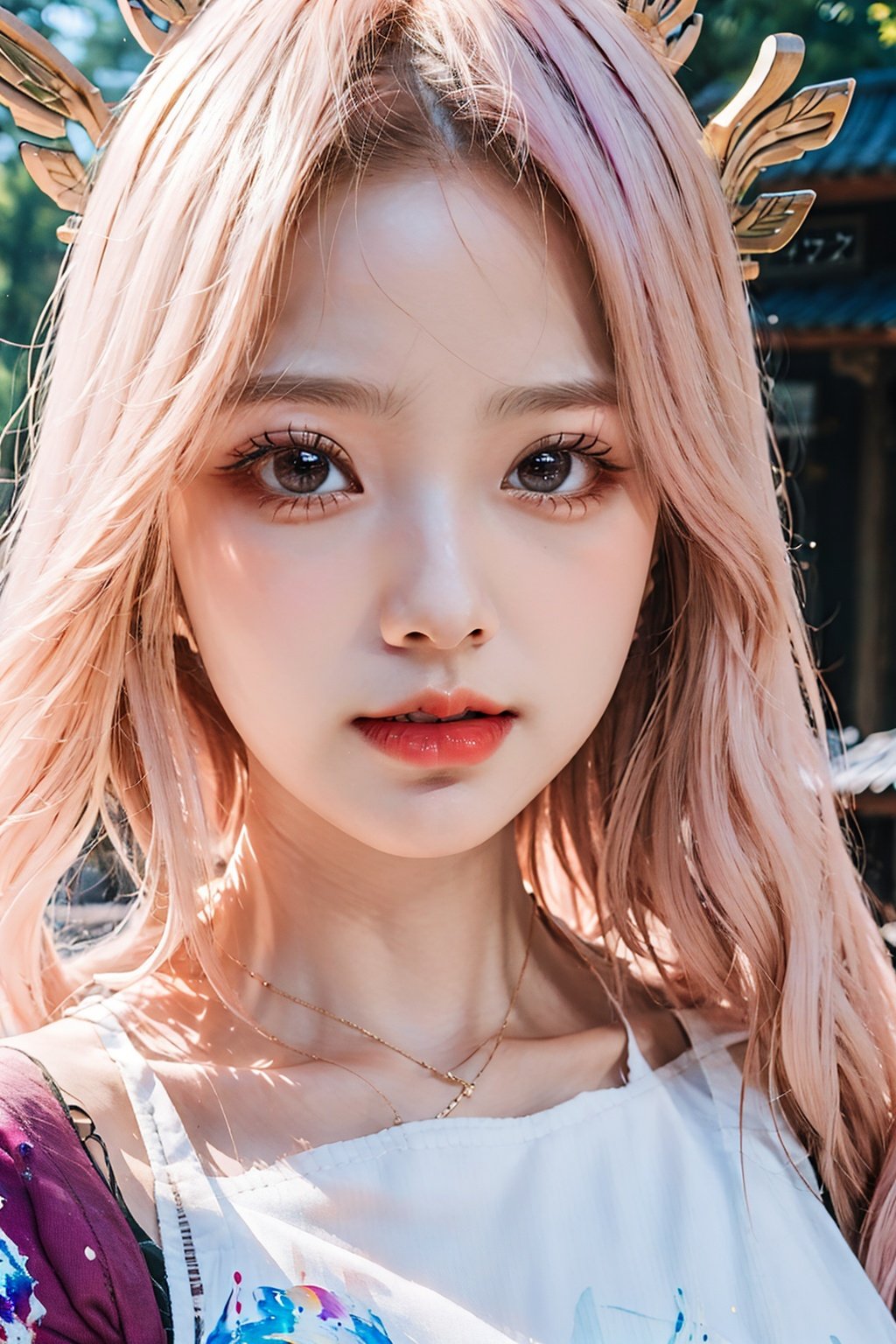 1girl, (ulzzang-6500:0.7), kpop idol, yae miko, detached sleeves, bare shoulders, pink hair, long hair, japanese clothes, best quality, (painting:1.5), (hair ornament:1.35), jewelry, purple eyes, earrings, breasts, torii,  cherry blossoms,  lantern light, depth of field, detailed face, face focus, ribbon_trim, (looking at viewer:1.25), nontraditional miko, shiny skin, long sleeves, smile, thick lips, game cg, hands on lips, east asian architecture, (blurry background:1.2), sitting, upper body, ,loli,petety,masterpiece,best quality,真实,照片