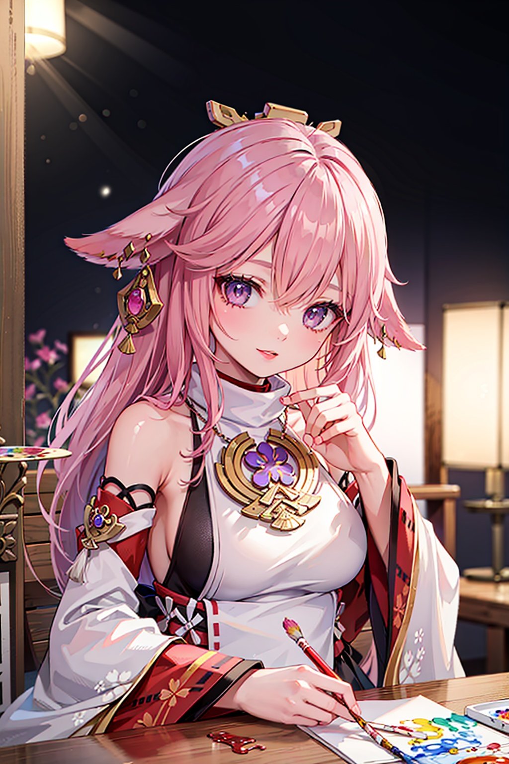 1girl, (ulzzang-6500:0.7), kpop idol, yae miko, detached sleeves, bare shoulders, pink hair, long hair, japanese clothes, best quality, (painting:1.5), (hair ornament:1.35), jewelry, purple eyes, earrings, breasts, torii,  cherry blossoms,  lantern light, depth of field, detailed face, face focus, ribbon_trim, (looking at viewer:1.25), nontraditional miko, shiny skin, long sleeves, smile, thick lips, game cg, hands on lips, east asian architecture, (blurry background:1.2), sitting, upper body, ,loli,petety,masterpiece,best quality