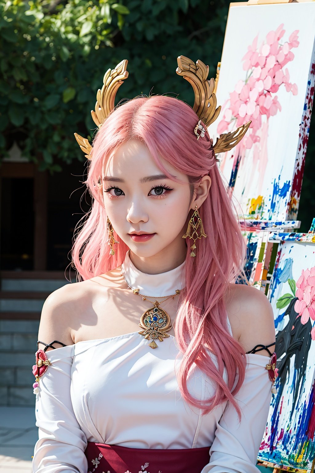 1girl, (ulzzang-6500:0.7), kpop idol, yae miko, detached sleeves, bare shoulders, pink hair, long hair, japanese clothes, best quality, (painting:1.5), (hair ornament:1.35), jewelry, purple eyes, earrings, breasts, torii,  cherry blossoms,  lantern light, depth of field, detailed face, face focus, ribbon_trim, (looking at viewer:1.25), nontraditional miko, shiny skin, long sleeves, smile, thick lips, game cg, hands on lips, east asian architecture, (blurry background:1.2), sitting, upper body, ,loli,petety,masterpiece,best quality,真实,照片