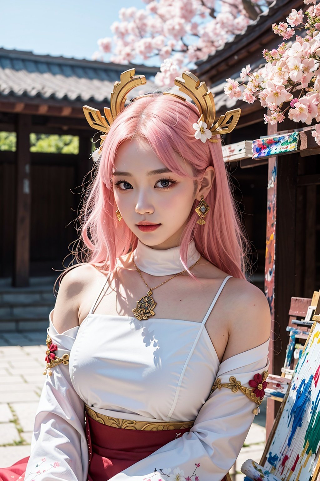  1girl, (ulzzang-6500:0.7), kpop idol, yae miko, detached sleeves, bare shoulders, pink hair, long hair, japanese clothes, best quality, (painting:1.5), (hair ornament:1.35), jewelry, purple eyes, earrings, breasts, torii, cherry blossoms, lantern light, depth of field, detailed face, face focus, ribbon_trim, (looking at viewer:1.25), nontraditional miko, shiny skin, long sleeves, smile, thick lips, game cg, hands on lips, east asian architecture, (blurry background:1.2), sitting, upper body,,loli,petety,masterpiece,bestquality,真实,照片