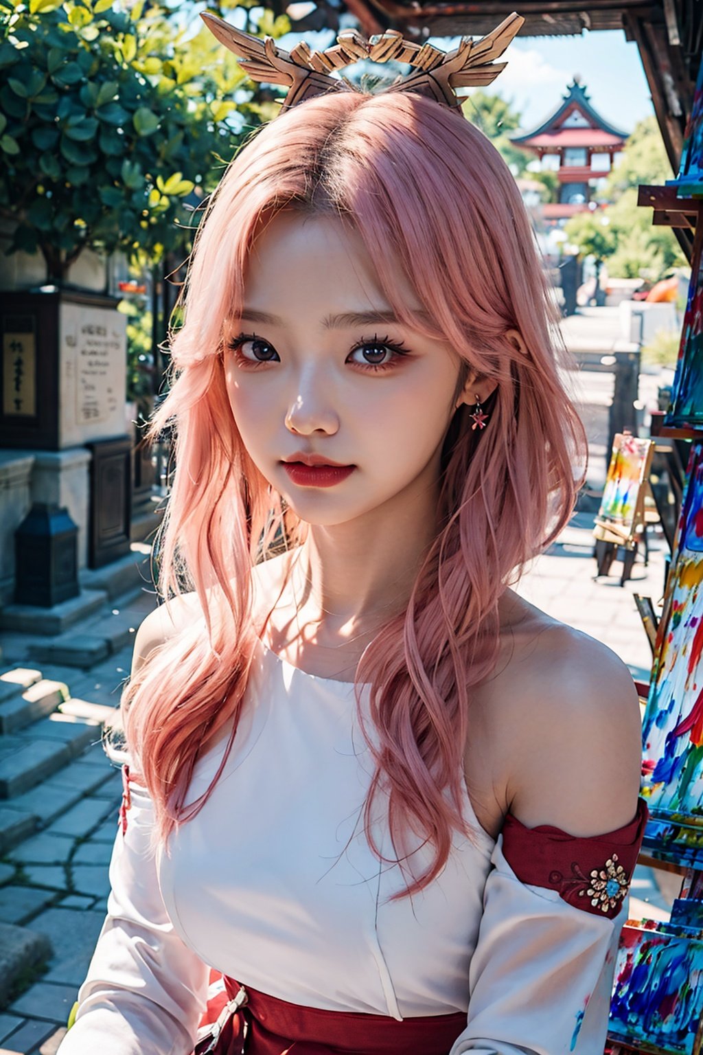 1girl, (ulzzang-6500:0.7), kpop idol, yae miko, detached sleeves, bare shoulders, pink hair, long hair, japanese clothes, best quality, (painting:1.5), (hair ornament:1.35), jewelry, purple eyes, earrings, breasts, torii,  cherry blossoms,  lantern light, depth of field, detailed face, face focus, ribbon_trim, (looking at viewer:1.25), nontraditional miko, shiny skin, long sleeves, smile, thick lips, game cg, hands on lips, east asian architecture, (blurry background:1.2), sitting, upper body, ,loli,petety,masterpiece,best quality,真实,照片