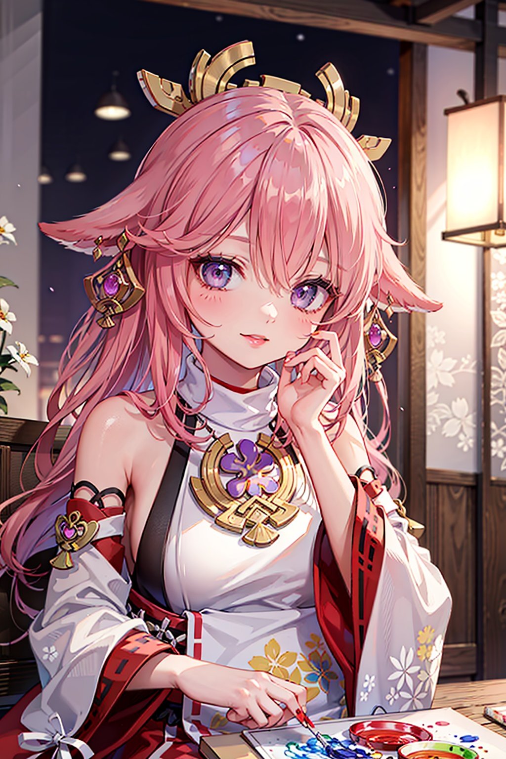 1girl, (ulzzang-6500:0.7), kpop idol, yae miko, detached sleeves, bare shoulders, pink hair, long hair, japanese clothes, best quality, (painting:1.5), (hair ornament:1.35), jewelry, purple eyes, earrings, breasts, torii,  cherry blossoms,  lantern light, depth of field, detailed face, face focus, ribbon_trim, (looking at viewer:1.25), nontraditional miko, shiny skin, long sleeves, smile, thick lips, game cg, hands on lips, east asian architecture, (blurry background:1.2), sitting, upper body, ,loli,petety,masterpiece,best quality