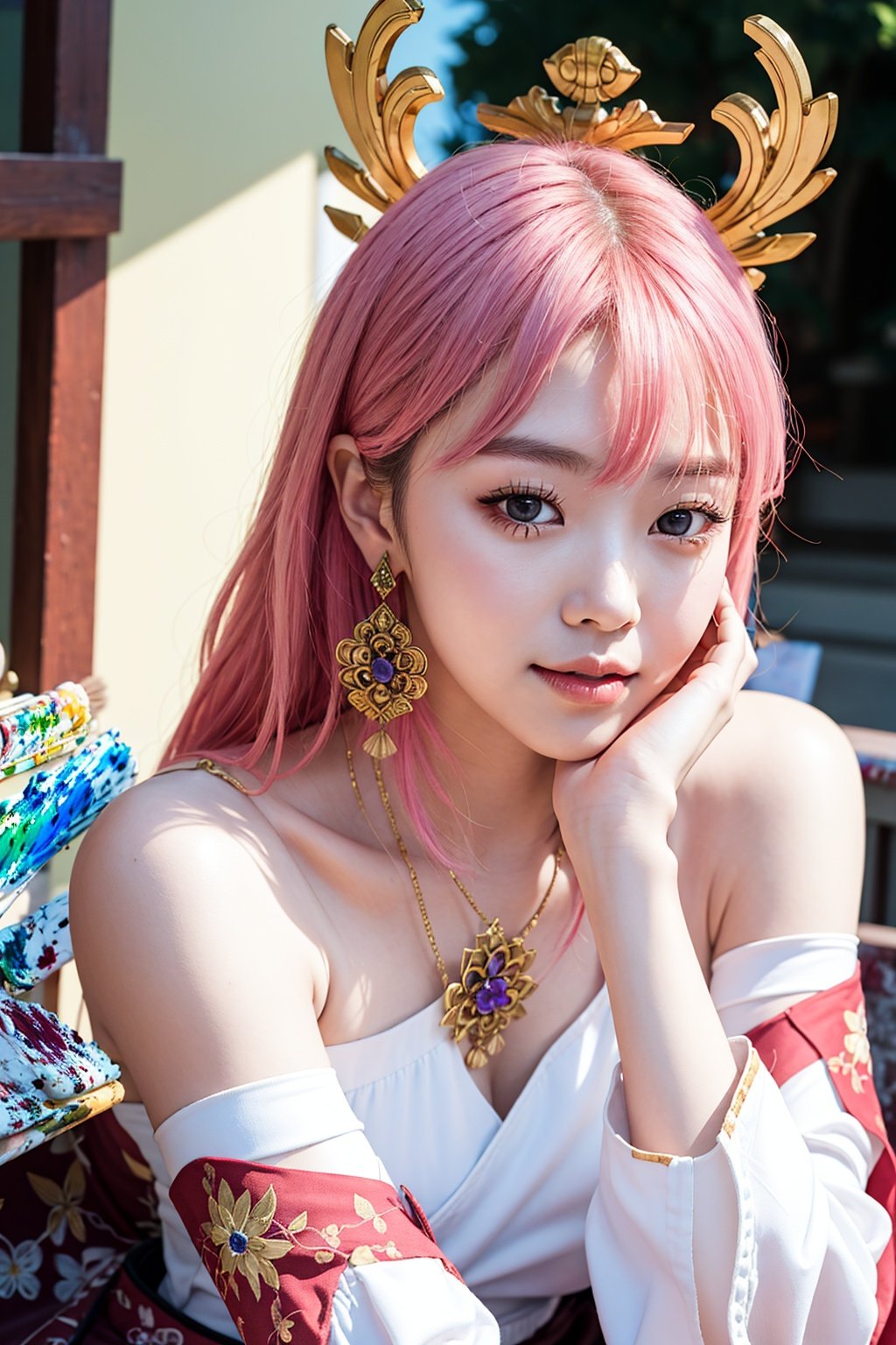 1girl, (ulzzang-6500:0.7), kpop idol, yae miko, detached sleeves, bare shoulders, pink hair, long hair, japanese clothes, best quality, (painting:1.5), (hair ornament:1.35), jewelry, purple eyes, earrings, breasts, torii,  cherry blossoms,  lantern light, depth of field, detailed face, face focus, ribbon_trim, (looking at viewer:1.25), nontraditional miko, shiny skin, long sleeves, smile, thick lips, game cg, hands on lips, east asian architecture, (blurry background:1.2), sitting, upper body, ,loli,petety,masterpiece,best quality,真实,照片