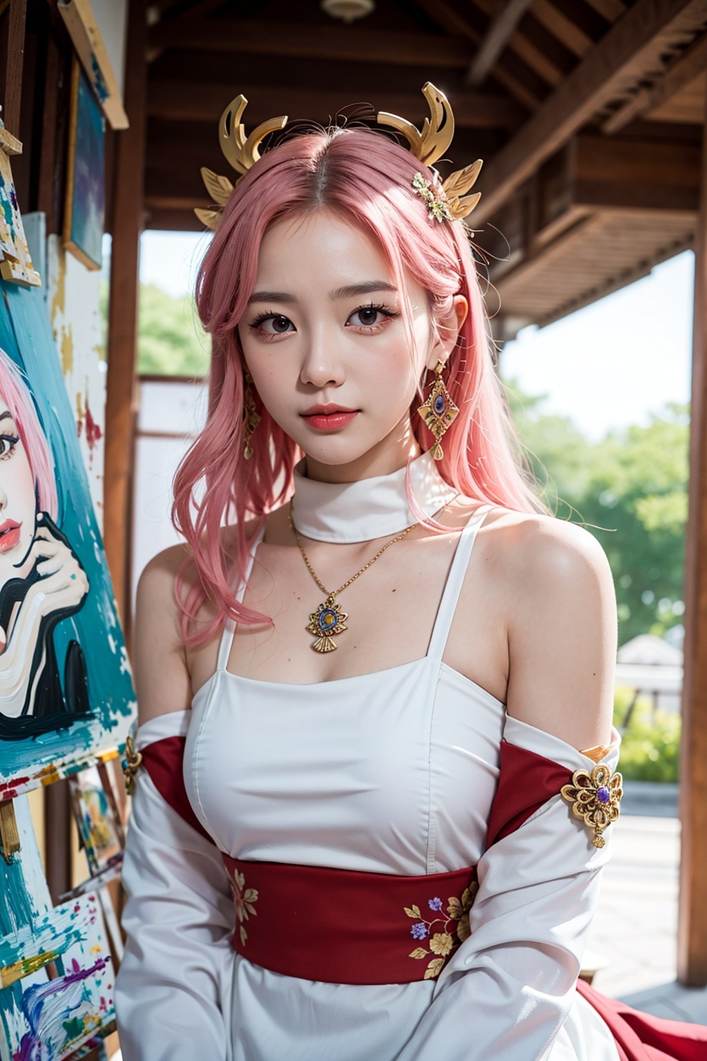  1girl, (ulzzang-6500:0.7), kpop idol, yae miko, detached sleeves, bare shoulders, pink hair, long hair, japanese clothes, best quality, (painting:1.5), (hair ornament:1.35), jewelry, purple eyes, earrings, breasts, torii, cherry blossoms, lantern light, depth of field, detailed face, face focus, ribbon_trim, (looking at viewer:1.25), nontraditional miko, shiny skin, long sleeves, smile, thick lips, game cg, hands on lips, east asian architecture, (blurry background:1.2), sitting, upper body,,loli,petety,masterpiece,bestquality,真实,照片