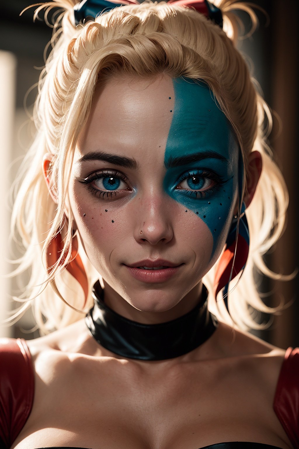 Dappled Light, photo portrait of the Harley Quinn \(dc comics\), colorful, realistic round eyes, dreamy magical atmosphere, superheroine costume, (skin texture) (film grain), (warm hue, warm tone:1.2), close up, cinematic light, sidelighting, photo by Cindy Sherman