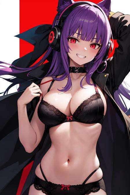 1girl, black_bra, bra, breasts, cleavage, glowing, glowing_eyes, grin, large_breasts, long_hair, looking_at_viewer, red_eyes, red_theme, smile, solo, underweara woman with headphones on her ears looking back at the camera with a red background behind her and a black background, Eizan Kikukawa, gapmoe yandere grimdark, an anime drawing, gothic art