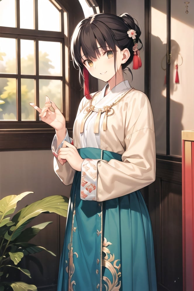 Bokeh,standing,ultra detailed,official art,4k 8k wallpaper,(Soft light and shadow),hand detail,eye high detail,8K,(best quality:1.5),pastel color,soft focus,masterpiece,studio,hair high detail,1girl,(Perfect female body:1.1),hanfu_ming, black short coat, yellow with white mamian skirt, round collar, overlapping collar<lora:Takeuchi:0.8>,Takeuchi style ,<lora:hanfu-vs40-beta2-000004:0.5>