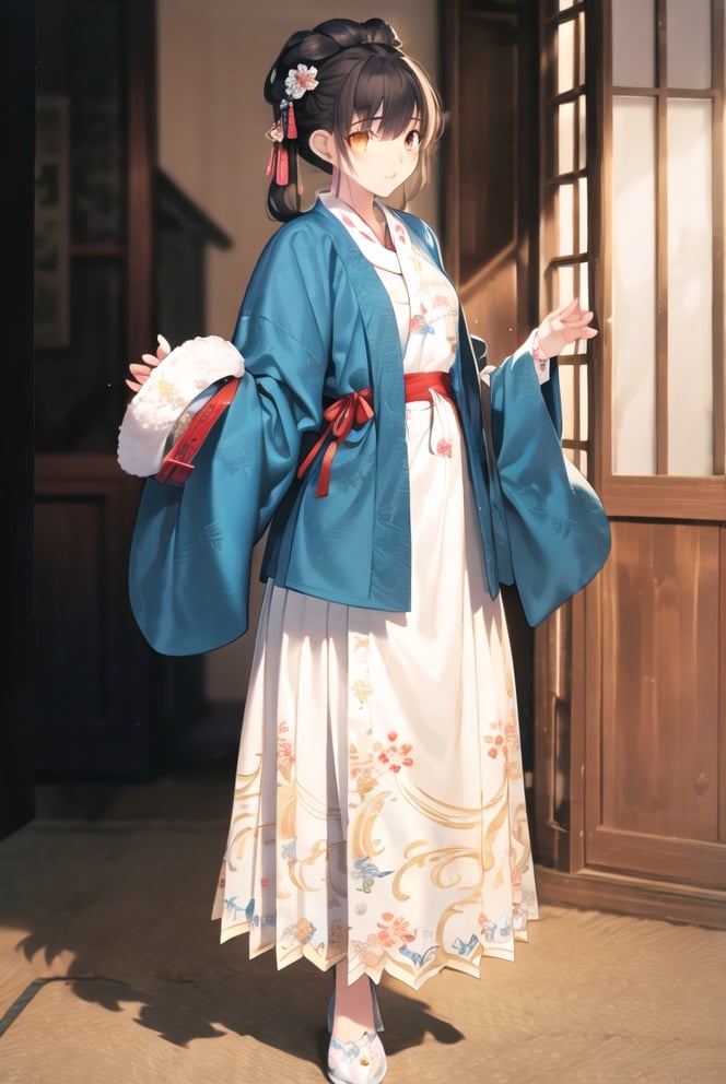 Bokeh,standing,ultra detailed,official art,4k 8k wallpaper,(Soft light and shadow),hand detail,eye high detail,8K,(best quality:1.5),pastel color,soft focus,masterpiece,studio,hair high detail,1girl,(Perfect female body:1.1),hanfu_ming, black short coat, yellow with white mamian skirt, round collar, overlapping collar<lora:Takeuchi:0.8>,Takeuchi style ,<lora:hanfu-vs40-beta2-000004:0.7:CLOTHING>