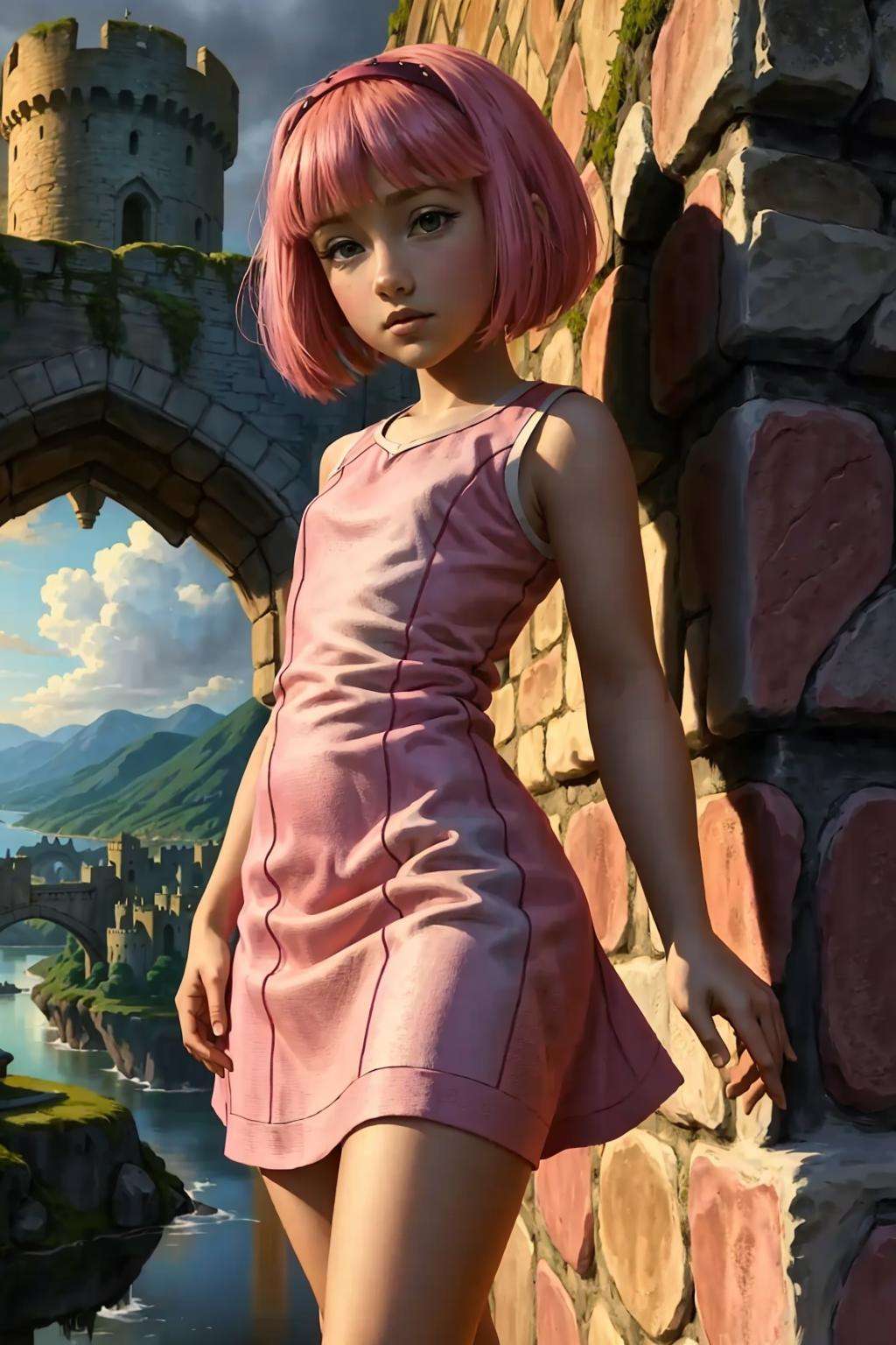 AS-Young zrpgstyle stephanie, pink striped dress stockings standing on the edge of a castle in a fantasy city with tall towers, (zrpgstyle) (masterpiece:1.2) (illustration:1.2) (best quality:1.2) (detailed) (intricate) (8k) (HDR) (cinematic lighting) (sharp focus) <lora:stephanie_V2:1>