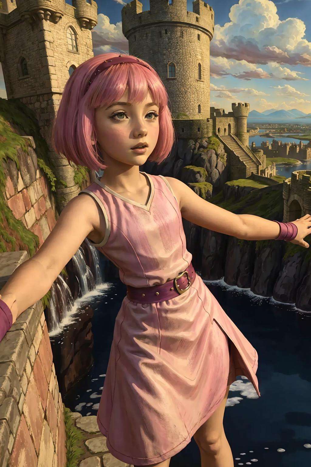 AS-Young zrpgstyle stephanie, pink striped dress stockings standing on the edge of a castle in a fantasy city with tall towers, (zrpgstyle) (masterpiece:1.2) (illustration:1.2) (best quality:1.2) (detailed) (intricate) (8k) (HDR) (cinematic lighting) (sharp focus) <lora:stephanie_V2:1>