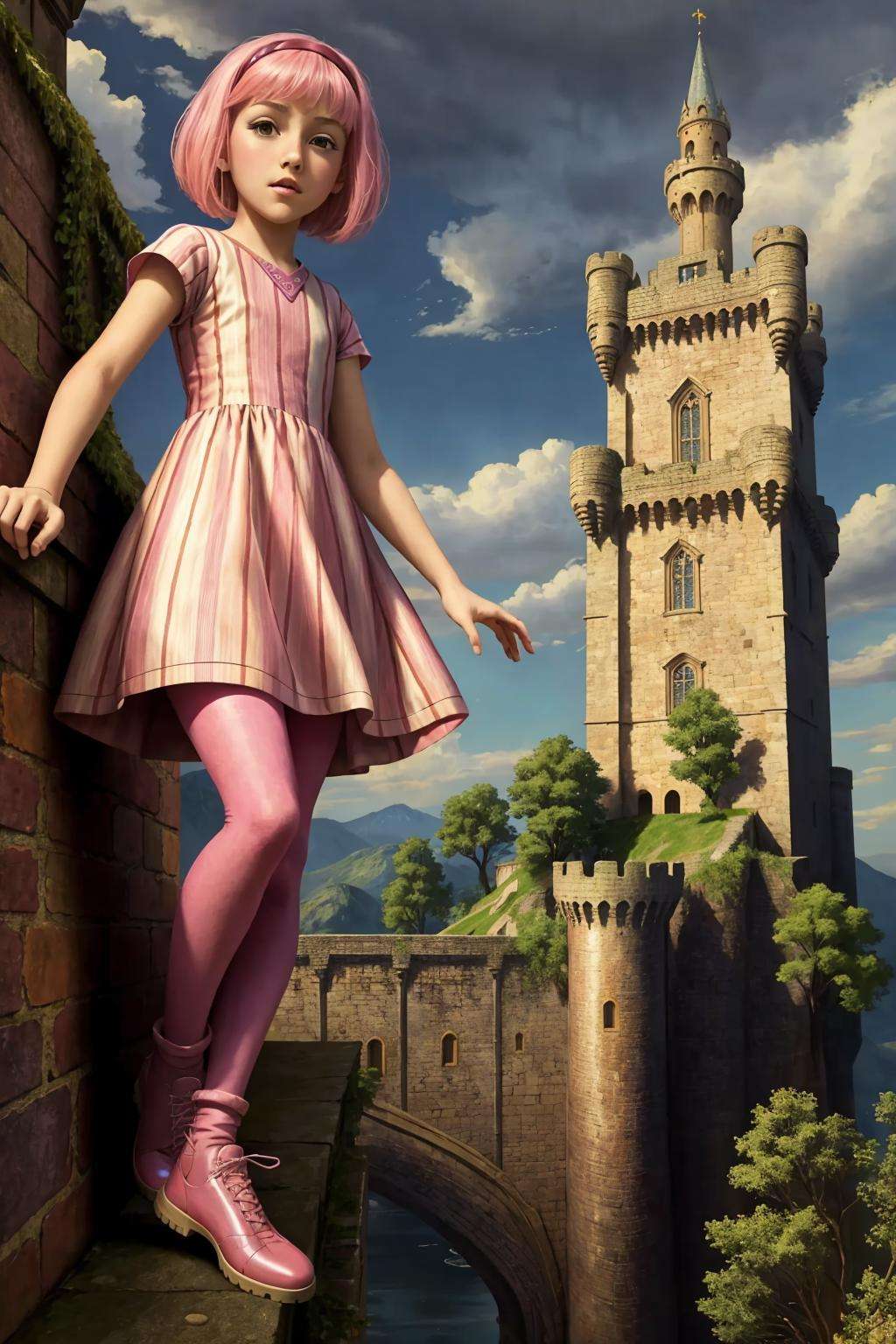 AS-Young zrpgstyle <lora:stephanie:1>, stephanie, pink striped dress stockings standing on the edge of a castle in a fantasy city with tall towers, (zrpgstyle) (masterpiece:1.2) (illustration:1.2) (best quality:1.2) (detailed) (intricate) (8k) (HDR) (cinematic lighting) (sharp focus)