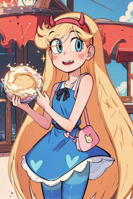 (masterpiece, best quality, high resolution:1.4), 1girl, woman, star butterfly, happy, cloud outfit,pouch, horn_hairband, looking at viewer, pantyhose <lora:StarButterfly_v1.1:1>