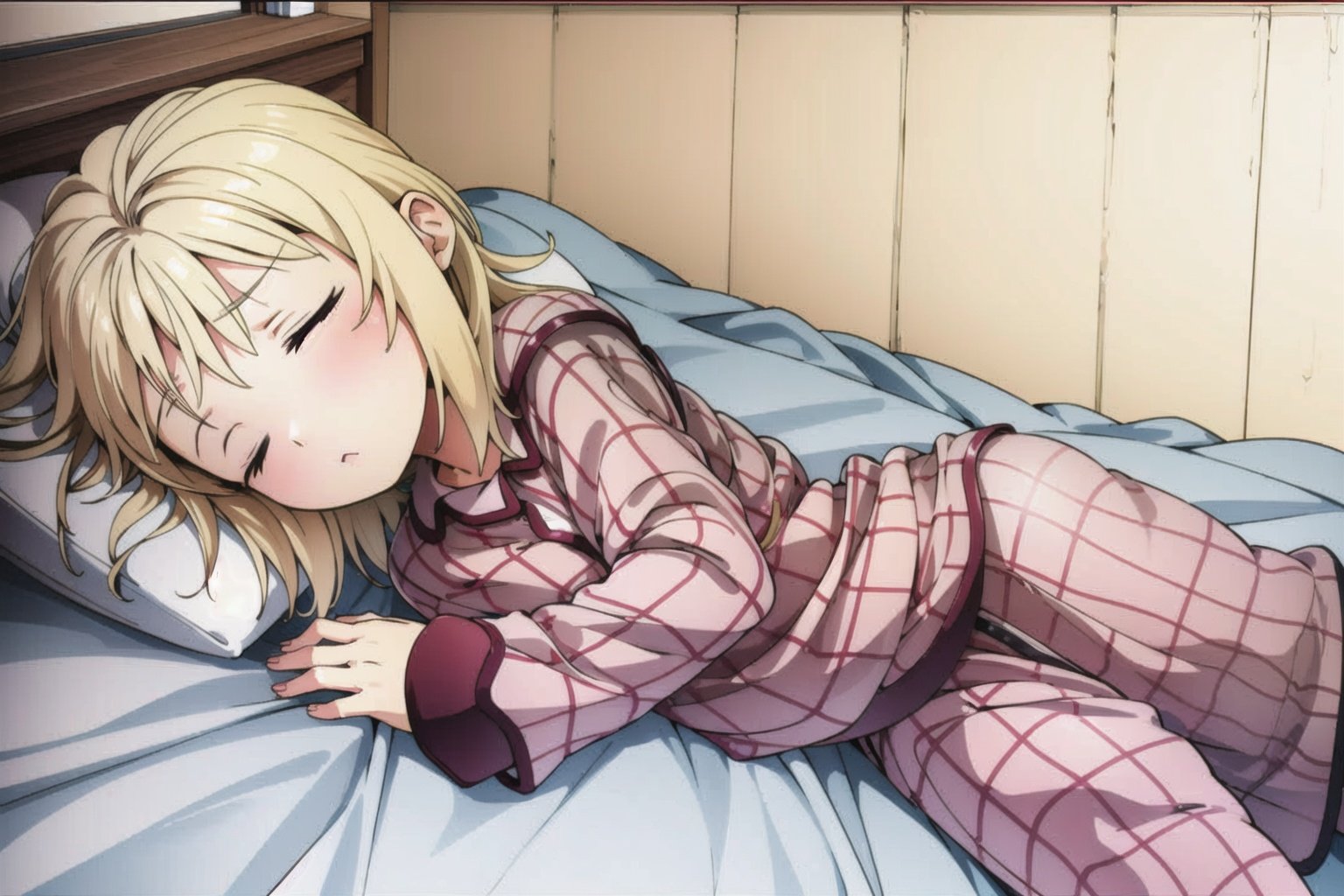 <lora:tina_wai:0.6>, blond hair, pajamas,sleepy, on bed  