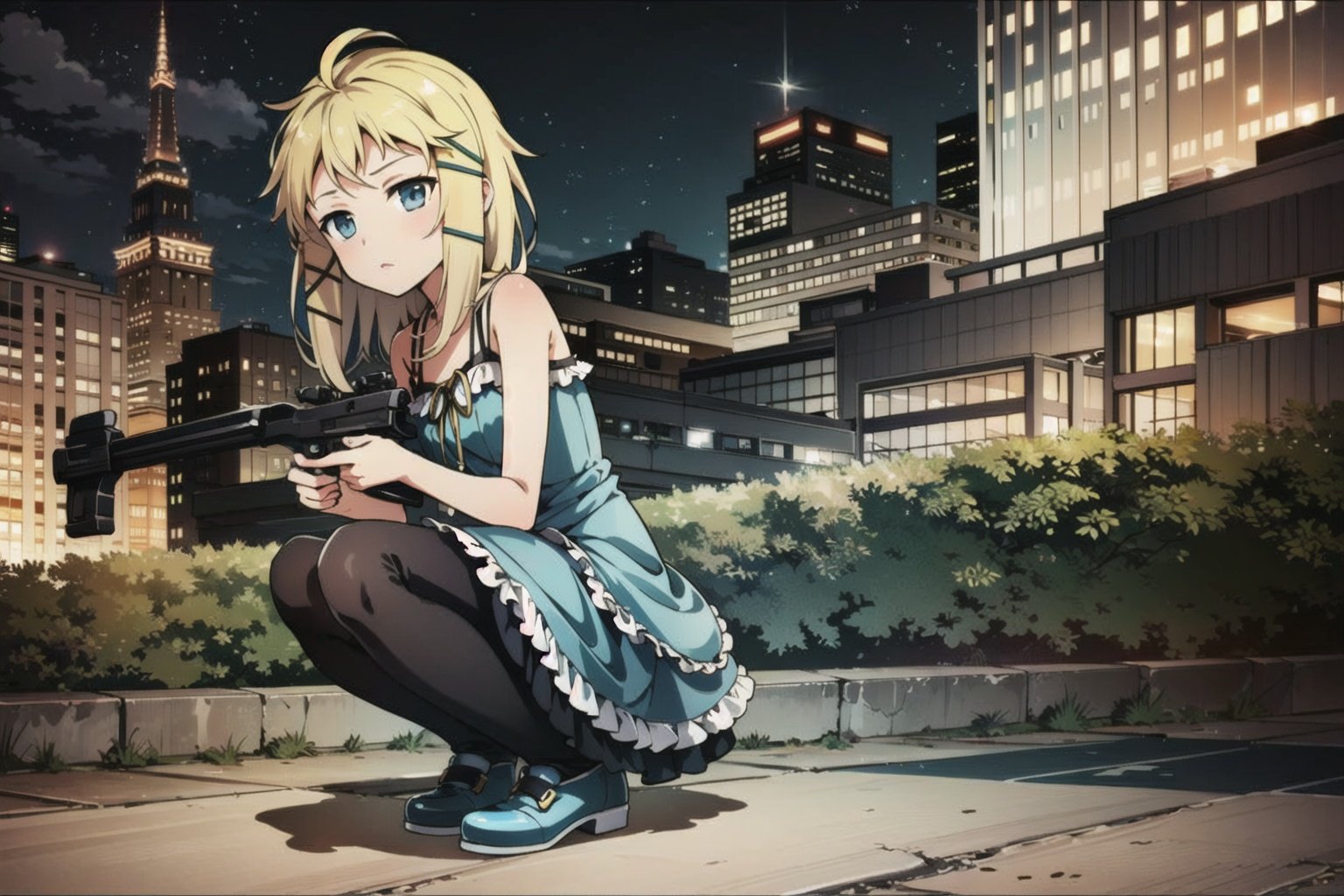 <lora:tina_wai:0.6>, blond hair, blue dress, bare shoulders,sleeveless dress,hair ornament, holding a gun,  full body, expressionless, squatting, in cityscape, night  