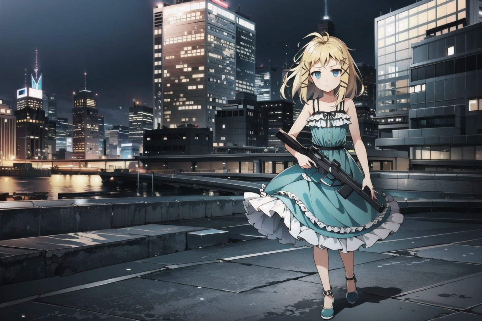 <lora:tina_wai:0.6>, blond hair, blue dress, bare shoulders,sleeveless dress,hair ornament, holding a gun,  full body, expressionless, in cityscape, night  