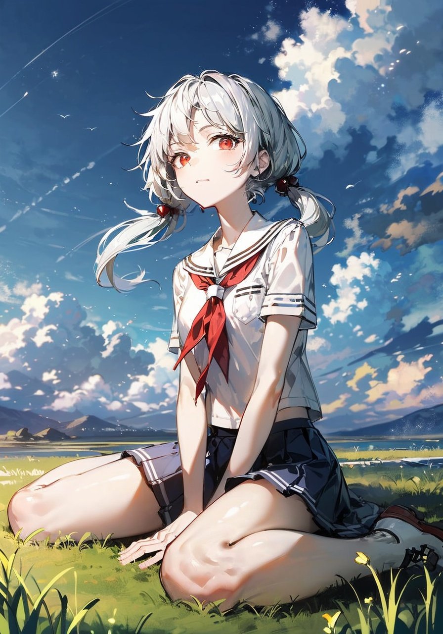 white hair, red eyes,school uniform, cloudy sky, full body, grass,looking at viewer, wariza, twintails,front,silver hair, sit,