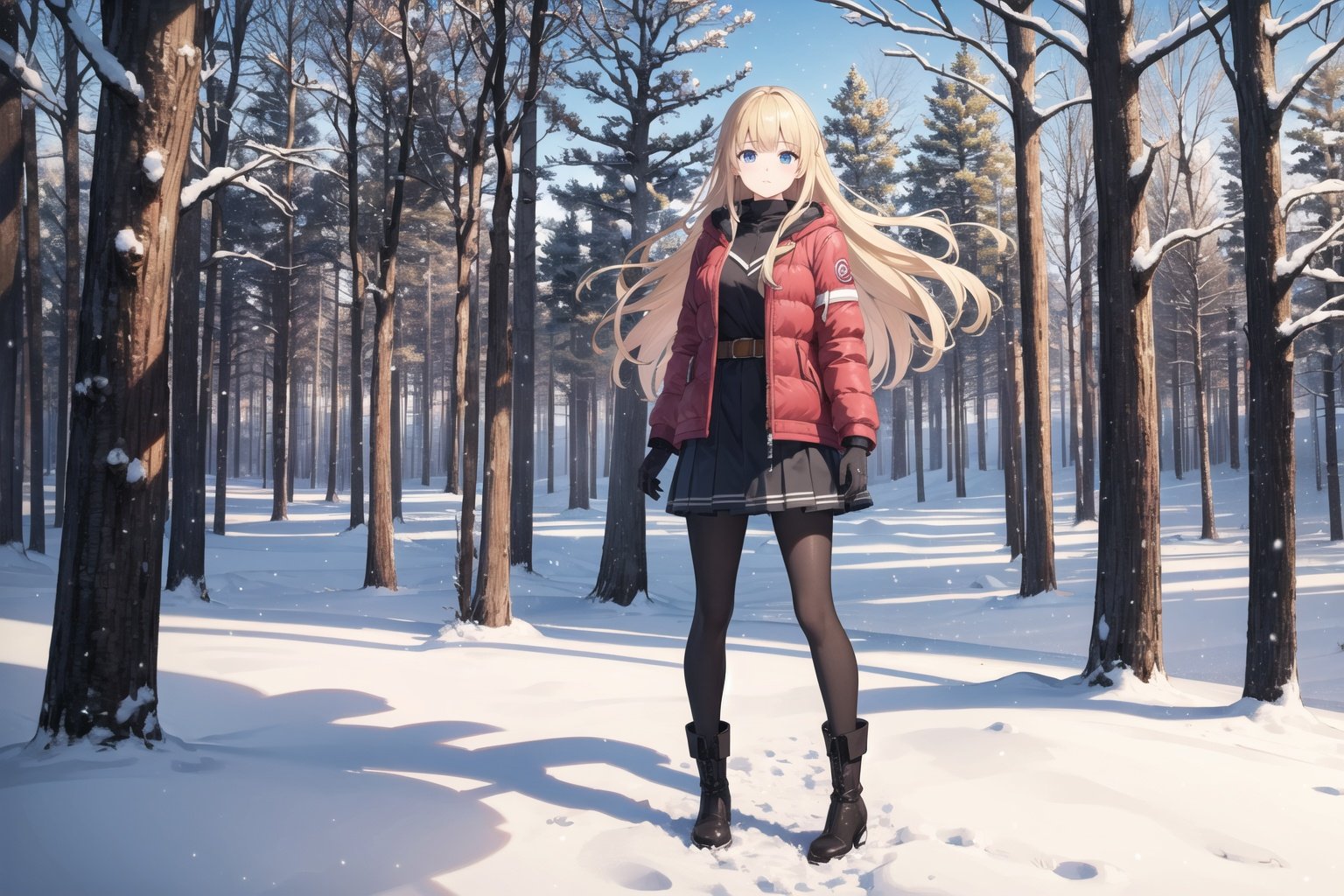 masterpiece best quality, winter landscape, 1girl, puffy jacket, blonde hair, long hair, blue eyes, cold, gloves, pantyhose, leather boots, full shot, full body, skirt, standing