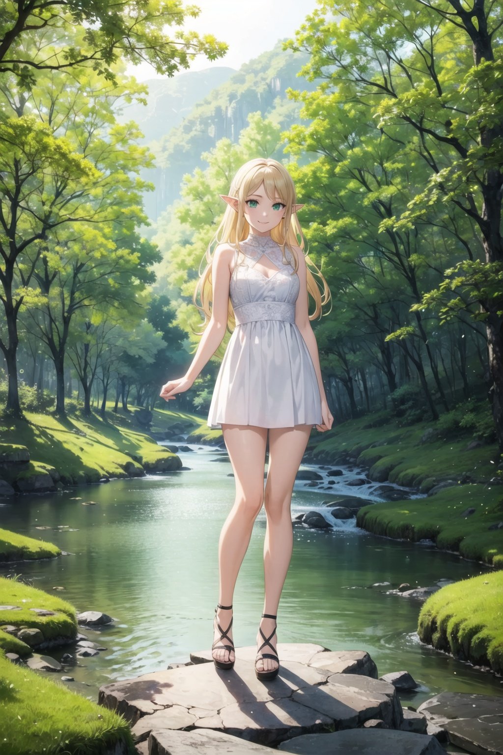 masterpiece, best quality, 1girl, elf, green eyes, blonde, (standing:1.1), (forest:1.1), pov, perfect eyes, arms at sides, river, portrait, full body, smile, heeled sandals, beautiful landscape, trees