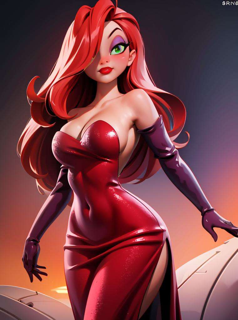 (JessicaWaifu:1),1girl, cute, looking at viewer, (red hair, green eyes), (red dress), (strapless dress, elbow gloves, red lips, makeup, cleavage), ((very curvy)),(detailed ladscape, street:1.2), (background), (dynamic_angle:1.2), (dynamic_pose:1.2), (rule of third_composition:1.3), (dynamic_perspective:1.2), (dynamic_Line_of_action:1.2), solo, wide shot,(masterpiece:1.2), (best quality, highest quality), (ultra detailed), (8k, 4k, intricate),(full-body-shot:1), (Cowboy-shot:1.2), (50mm), (highly detailed:1.2),(detailed face:1.2), detailed_eyes,(gradients),(ambient light:1.3),(cinematic composition:1.3),(HDR:1),Accent Lighting,extremely detailed CG unity 8k wallpaper,original, highres,(perfect_anatomy:1.2), <lora:JessicaRabbit_character-20:1> <lora:3DMM_V7:1>