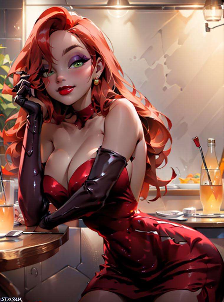 (JessicaWaifu:1),1girl, cute, looking at viewer, (red hair, green eyes), (red dress), (strapless dress, elbow gloves, red lips, makeup, cleavage), ((extremely curvy)), sexy, leaning forward, breast focus, smile,(detailed ladscape, bar, table:1.2), (background), (dynamic_angle:1.2), (dynamic_pose:1.2), (rule of third_composition:1.3), (dynamic_perspective:1.2), (dynamic_Line_of_action:1.2), solo, wide shot,(masterpiece:1.2), (best quality, highest quality), (ultra detailed), (8k, 4k, intricate),(full-body-shot:1), (Cowboy-shot:1.2), (50mm), (highly detailed:1.2),(detailed face:1.2), detailed_eyes,(gradients),(ambient light:1.3),(cinematic composition:1.3),(HDR:1),Accent Lighting,extremely detailed CG unity 8k wallpaper,original, highres,(perfect_anatomy:1.2), <lora:JessicaRabbit_character-20:1> <lora:PinterestEnchanted_style-20:0.7>