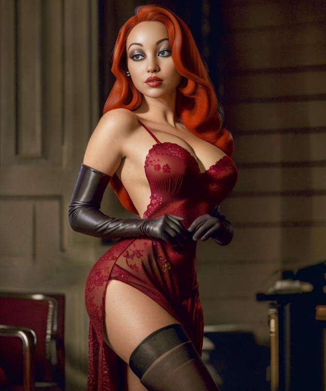 (full shot, full body), <lora:difConsistency_photo:0.4> kkw-ph1 cosplaying, dressed as a Surgeon, snazzy 22yo <lora:character_jessica rabbit epoch 20 new setting:0.9> jessicarabbit, makeup, hair_over_one_eye, long_hair, (see-through, red dress, thighhighs,seductive face, elbow gloves), cleavage, in cabaret, dark, darkness, spotlights, (photorealistic:1.3), BREAK ((photorealistic), realistic face, medium breasts), beautifully detailed woman, realistic face, detailed mouth, extremely detailed eyes_and_face, beautiful attractive face, beautiful detailed eyes, pronounced feminine feature, matte eyeshadow, eyelashes, eyeliner, perfect body, smooth skin BREAK color HD photo, Ilford HP5, (full body, high quality photo, masterpiece), HDR, 8K resolution, analogue RAW DSLR, best quality, absurdres, vivid vibrant colors, skin pores, intricate detail, (intricately detailed face_and_eyes), realistic human hands, sophisticated detail, (realistic lighting, sharp focus), centerfold, bokeh, official art, 8k wallpaper, ultra high res, professional photography