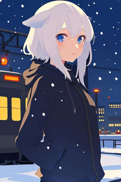 masterpiece,flat color,1girl,solo,white hair,blue eyes,kemono,hoodie,TRAINSTATION,night,snowstorm,<lora:vectorv1-000150:1:1,0,0,0,0,0,0,0,1.2,0,0,0,0,0,1,0,0,1,1,1.5,1,1,1,1.3,1.3,1>