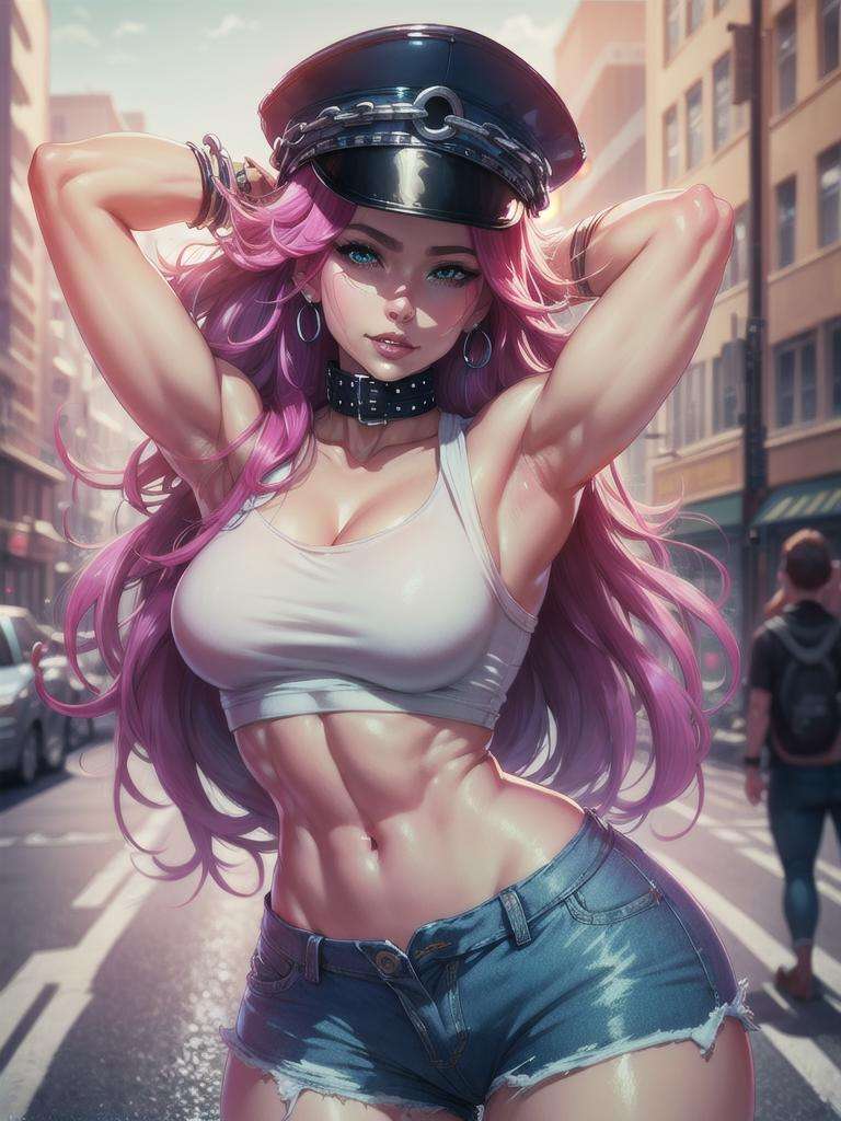 masterpiece, ultra high quality cg, best quality, perfect image, 1girl, poison (sf), peaked cap, collar, white crop top, denim shorts, toned body, blue sky, city street, arms behind head