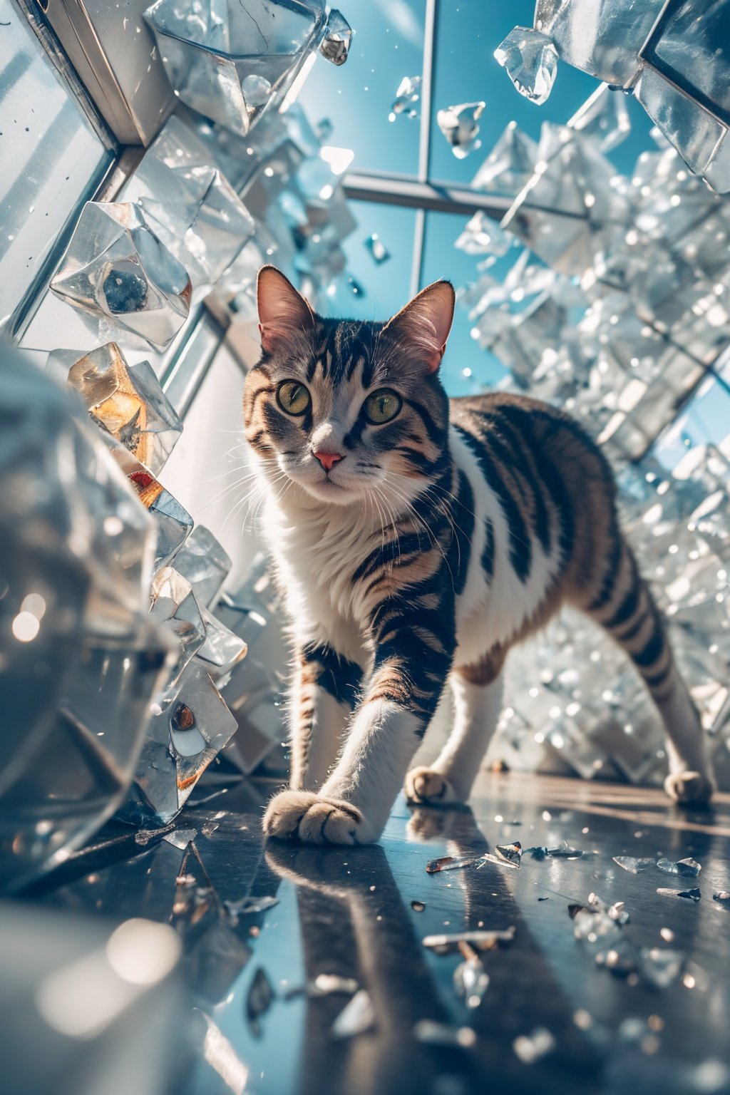 HDR,UHD,8K,best quality,masterpiece,Highly detailed,ultra-fine painting,sharp focus,nvsheng,solo,glass,broken glass,sunlight,cat, <lora:琉璃宫-000006:0.7>，