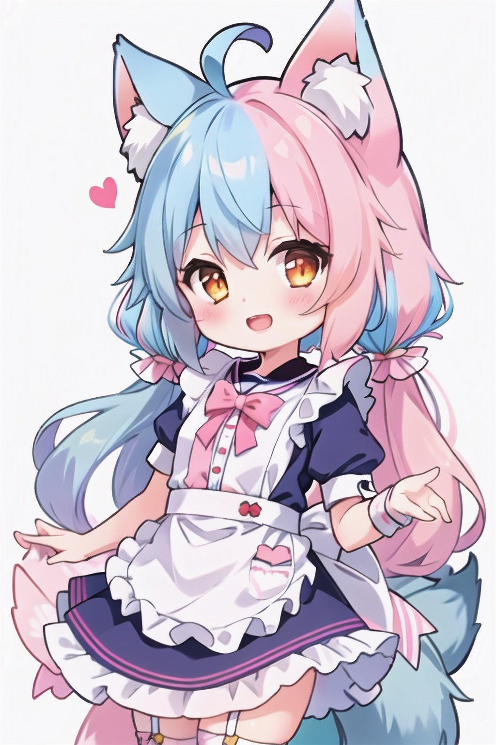 masterpiece,high quality,1girl,(solo:1.2),open mouth,(happy:1.2),looking at viewer,split color hair,light blue hair,pink hair,ahoge,hair intake,orange eyes,fox ears,upper body,(loli:1.2),maid,apron,maid costume,