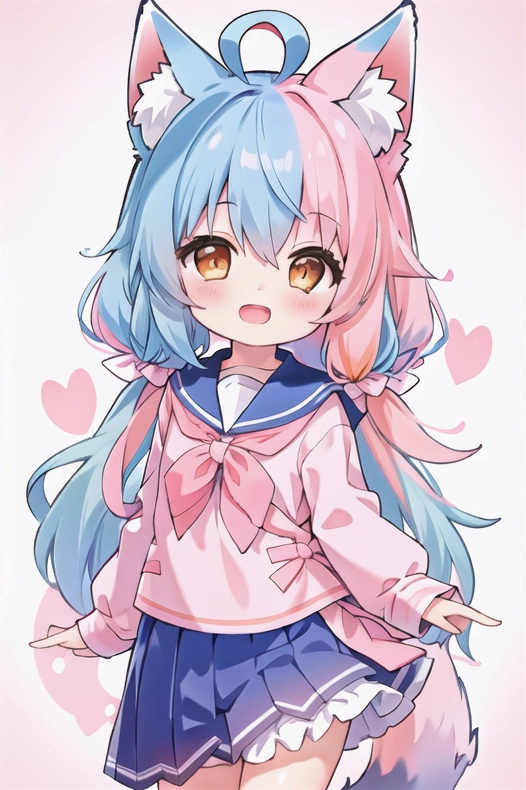 masterpiece,high quality,1girl,(solo:1.2),open mouth,(happy:1.2),looking at viewer,split color hair,light blue hair,pink hair,ahoge,hair intake,orange eyes,fox ears,upper body,(loli:1.2),serafuku,pleated skirt,