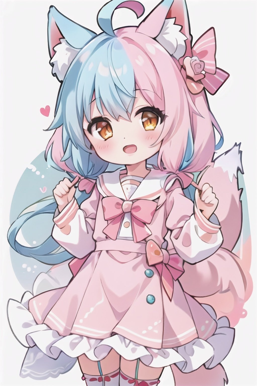 masterpiece,high quality,1girl,(solo:1.2),open mouth,(happy:1.2),looking at viewer,split color hair,light blue hair,pink hair,ahoge,hair intake,orange eyes,fox ears,upper body,(loli:1.2),