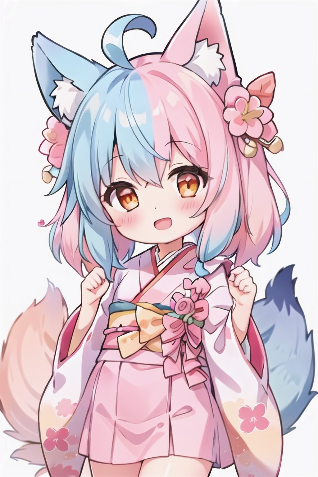 masterpiece,high quality,1girl,(solo:1.2),open mouth,(happy:1.2),looking at viewer,split color hair,light blue hair,pink hair,ahoge,hair intake,orange eyes,fox ears,upper body,(loli:1.2),kimono,hakama,sakura,