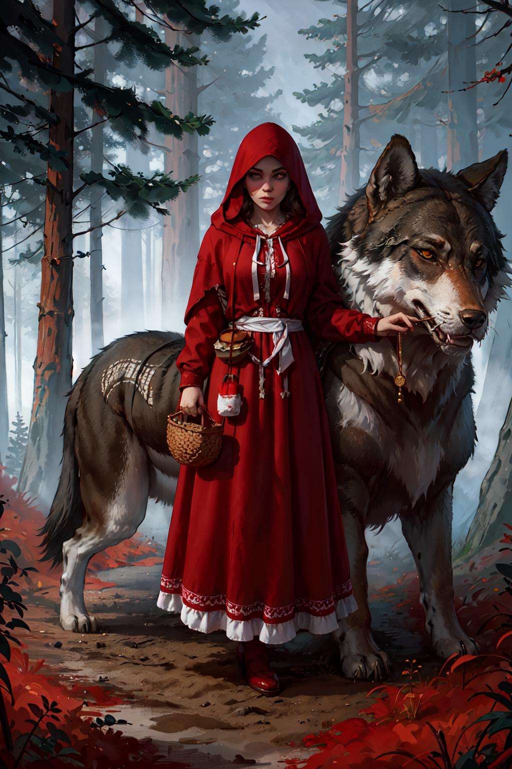 ultra-wide shot, full body, 1girl, red dress with white frills, hood up, basket with hotcakes, dark forest, big wolf in distance, // <lora:sxz-slavic-fantasy:0.7>