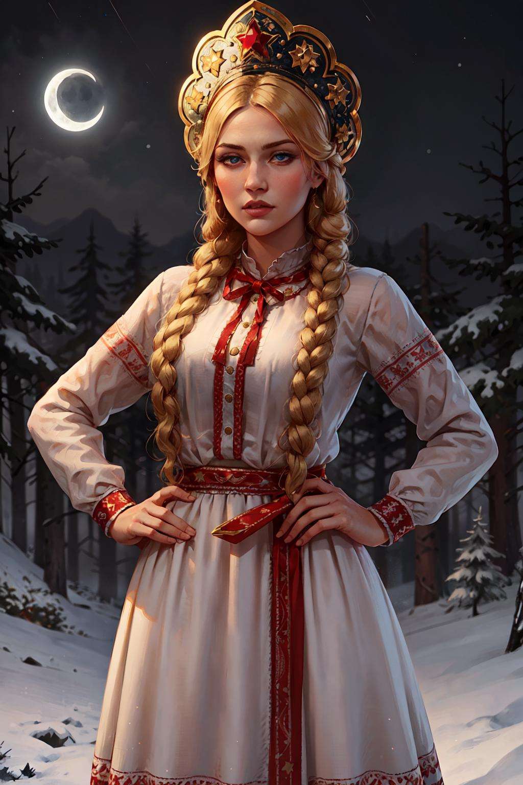 1girl, cowboy shot of beautiful blonde lady, hands on hips, blue eyes, white dress with red ornate frills, braid, kokoshnik headwear with glowing star symbol, winter, forest, night, moon crescent <lora:sxz-slavic-fantasy:0.7>