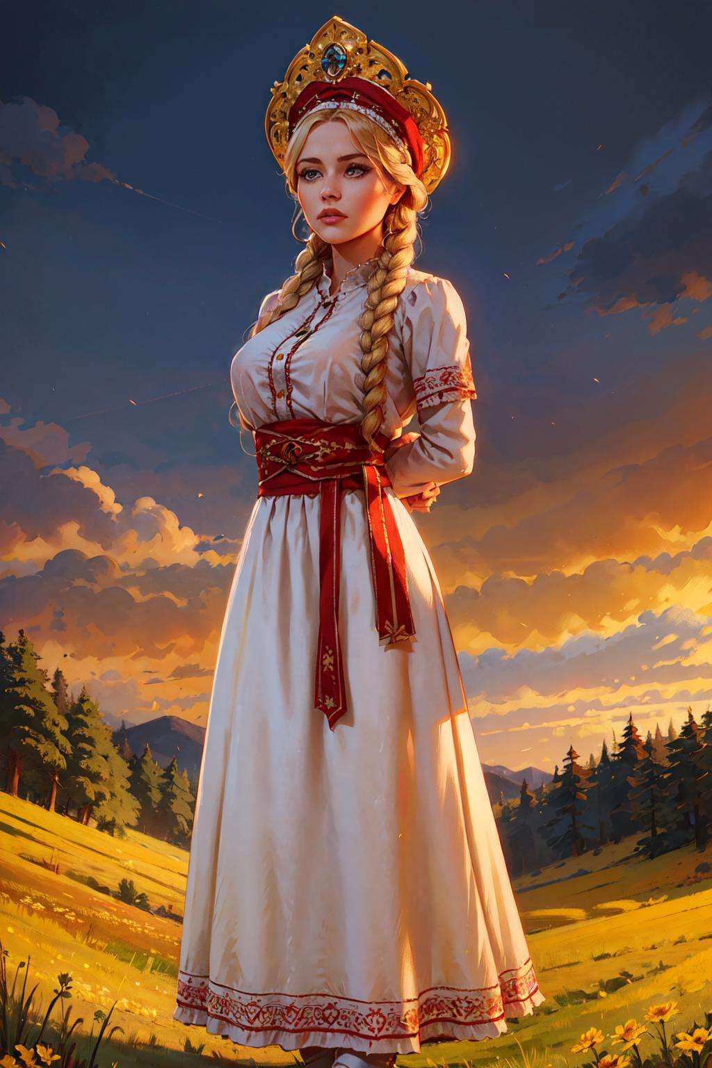 1girl, full body of beautiful blonde lady in white dress with ornate red frills, arms behind back, blue eyes, braid, kokoshnik headwear, yellow field, dark deep blue sky, evening <lora:sxz-slavic-fantasy:0.7>