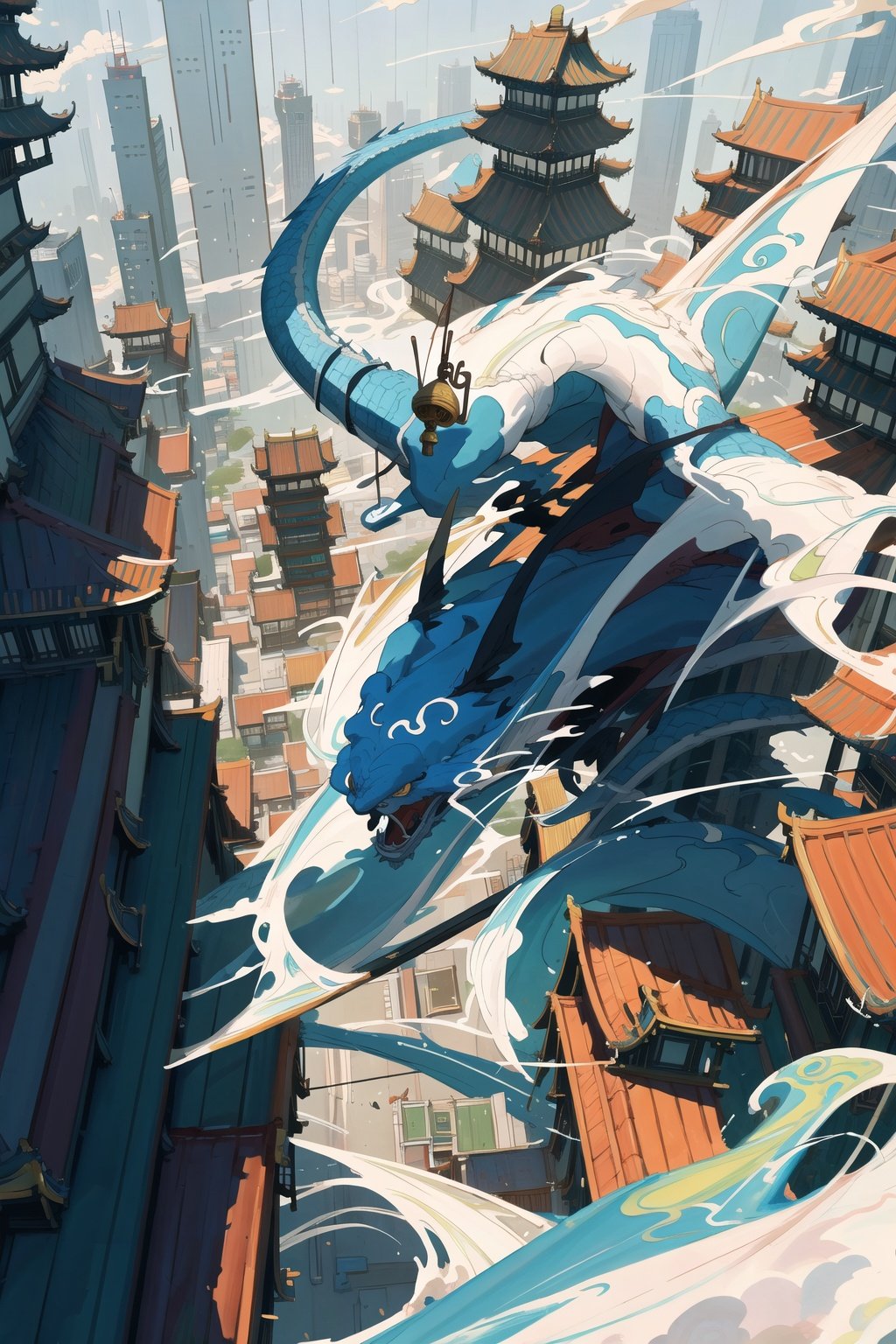 style of Tomer Hanuka, style of Erin Hanson, aerial shot of large city with a long white and blue chinese dragon flying through the streets, summer day with blue sky, detailed architecture, hyperrealistic, scenic, Illustration, Ink, oil, thematic background, ambient enviroment,candystyle