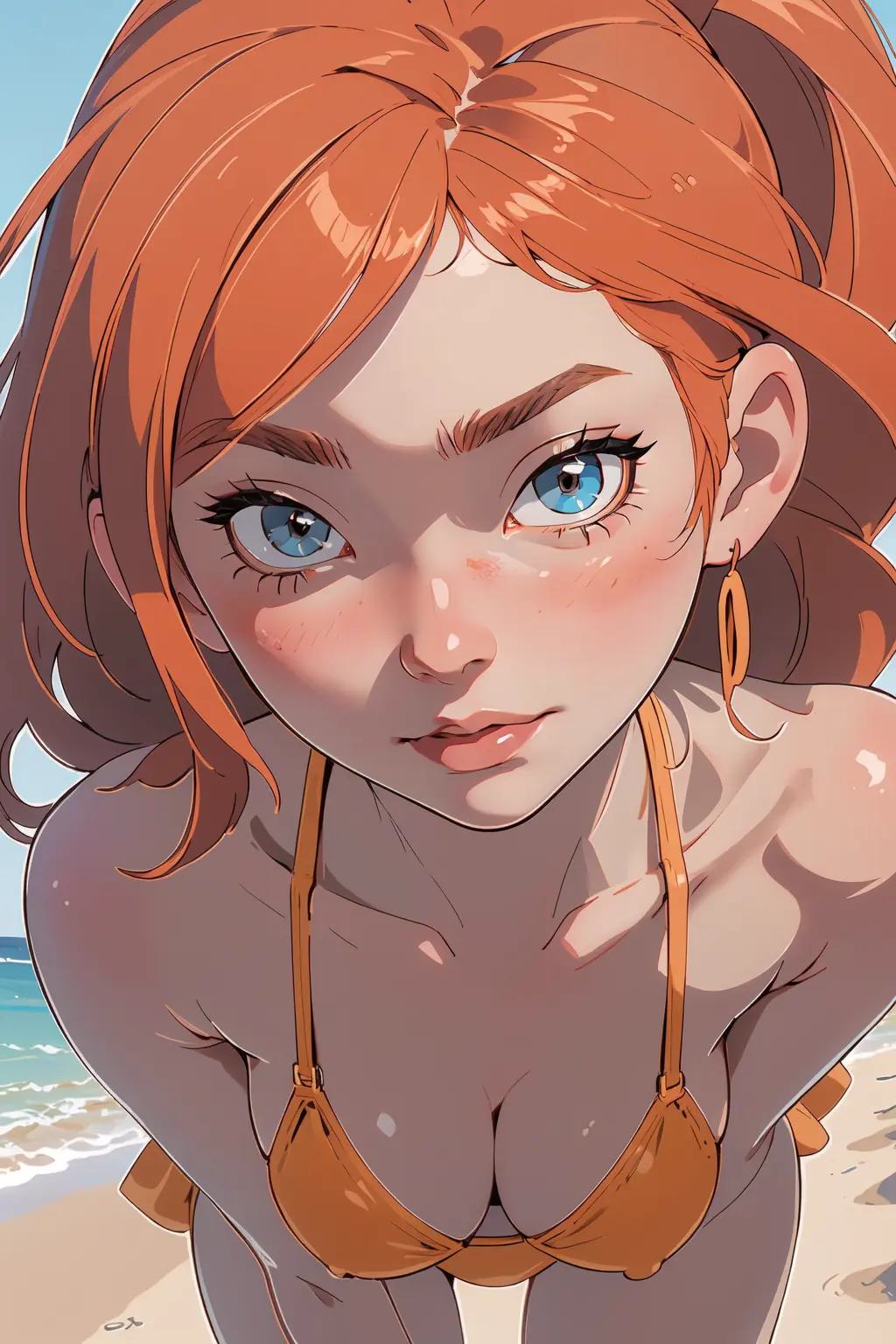 1girl, (masterpice), (high resolution), (8K), (extremely detailed), (4k), (pixiv), (perfect face), (nice eyes and face), (best quality), (super detailed), (detailed face and eyes), (solo), (dynamic pose), sexy, beach, orange bikini, cute bikini, (NSFW), medium breasts, (modeling pose), (instagram), (dynamic pose)