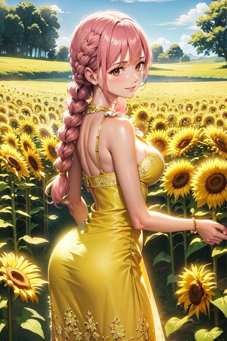 masterpiece, ((ultra detailed background, delicate pattern, intricate detail)), (highly detailed, fine details), best quality, beautiful lighting, (portrait),  Rebecca, 1girl, solo, braid, pink hair, long hair, ((slim girl, medium breasts, cowboy shot)), smile, yellow dress, fluffy dress, brown eyes, complex detailed background, sunflowers, field, outside, nature environment, blue sky, sky, tree, from behind, <lora:RebeccaEight:0.8>