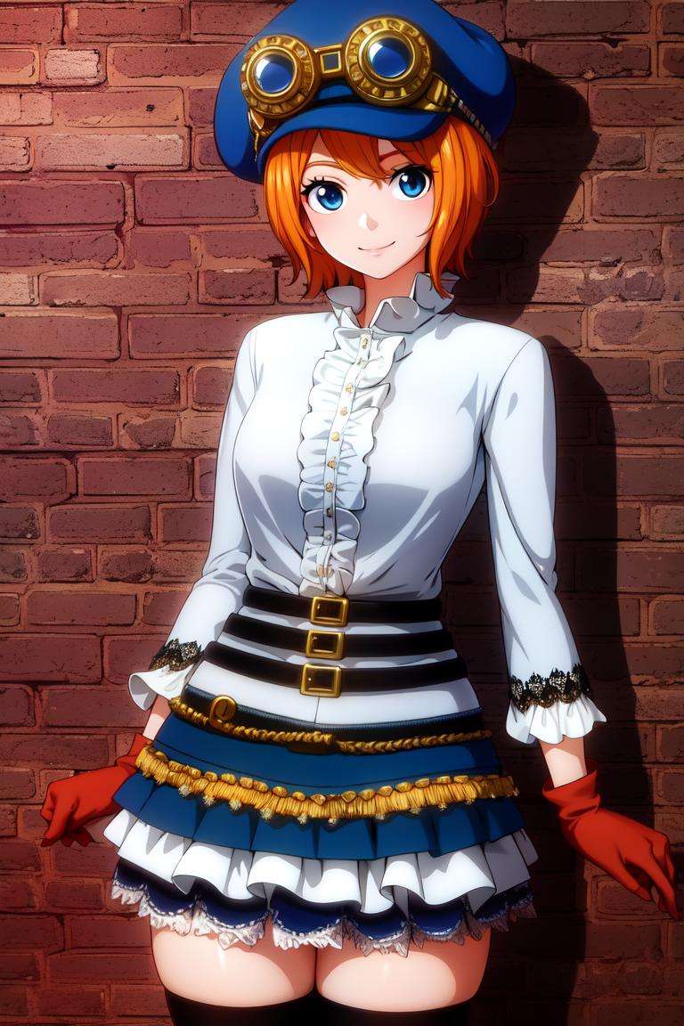 masterpiece, ((ultra detailed background, delicate pattern, intricate detail)), (highly detailed, fine details), best quality, beautiful lighting, (portrait), Koala, 1girl, solo, short hair, blue eyes, hat, goggles on headwear, smile, gloves, white shirt, orange hair, skirt, black thighhighs, zettai ryouiki, frills, belt, boots, ((slim girl, medium breasts)), complex detailed background, inside, room environment, gray castle walls, brick walls, old building interior, spaceful room, <lora:KoalaEight:0.7>