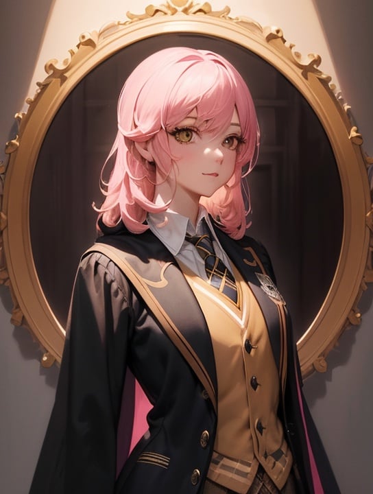 hogsks, hogwarts school uniform, black robe, gray vest, hufflepuff, yellow tie,full body shot photo of the most beautiful artwork in the world featuring a female girl, sexy, pink hair, intricate detail, nostalgia, heart professional,
