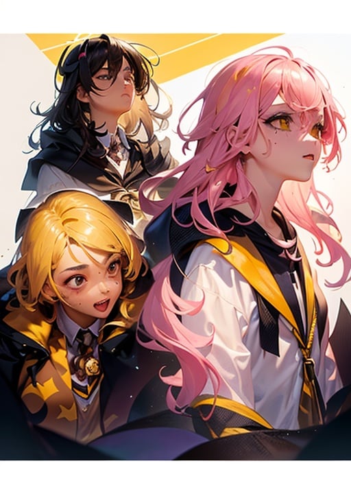 1girl,[[realistic]],(shiny skin),(masterpiece:1.4),(best quality:1.4),((a girl with pink short hair)), black eyes, ((a scar on her right eyebrow)), ((a mole on her right mouth)), ((dressed as a hufflepuff coat student harry potter)),